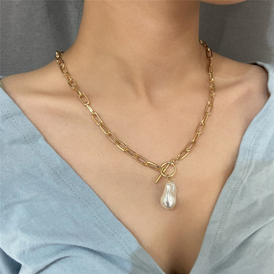 Minimalist Gothic Link Chain Baroque Pearl Pendant Necklace for Women