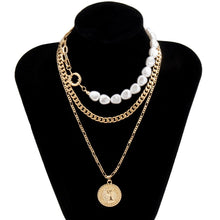 Load image into Gallery viewer, Deigner Gothic Multi Layer Cuban Link Pearl Beaded Chain Coin Queen Pendant Chain Necklace
