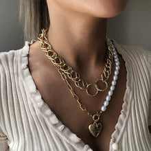 Load image into Gallery viewer, 2Pcs/Set Multilayer Half Chain Half Pearl Beaded Cuban Link Chain Heart Pendant Necklace
