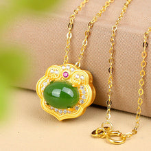 Load image into Gallery viewer, Ancient Golden Craft Inlaid Natural Fine Jade Oval Green Pendant Necklace Elegant Luxury Ladies Silver Jewelry
