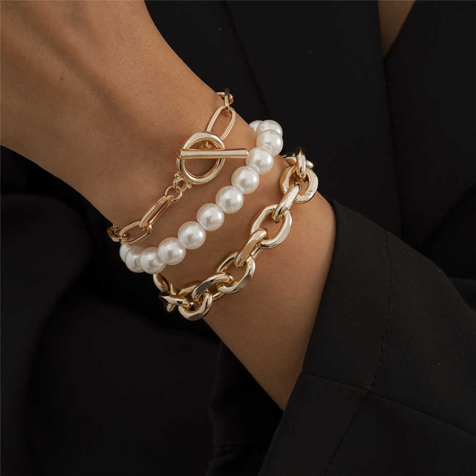 Nostalgia 3Pcs/Set Cuban Link Toggle Clasp Pearl Beaded Bracelets Set