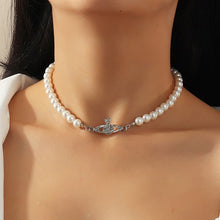 Load image into Gallery viewer, Designer Pearl Beaded Planet Pendant Choker Necklace
