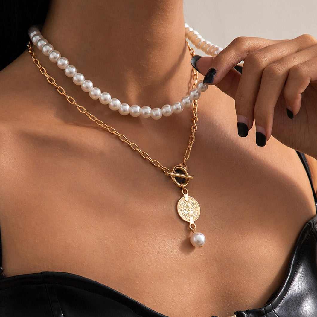 Limerence Multilayer Pearl Beaded Toggle Clasp Coin Pendant Choker Necklace