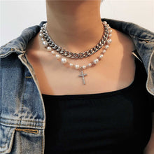 Load image into Gallery viewer, Multi Layer Cuban Link Chain Pearl Beaded Cross Pendant Choker Necklace
