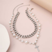 Load image into Gallery viewer, Multi Layer Cuban Link Chain Pearl Beaded Cross Pendant Choker Necklace
