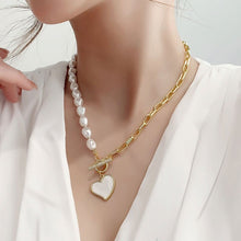 Load image into Gallery viewer, Half Chain Half Pearl Cuban Link Enamel Heart Pendant Necklace
