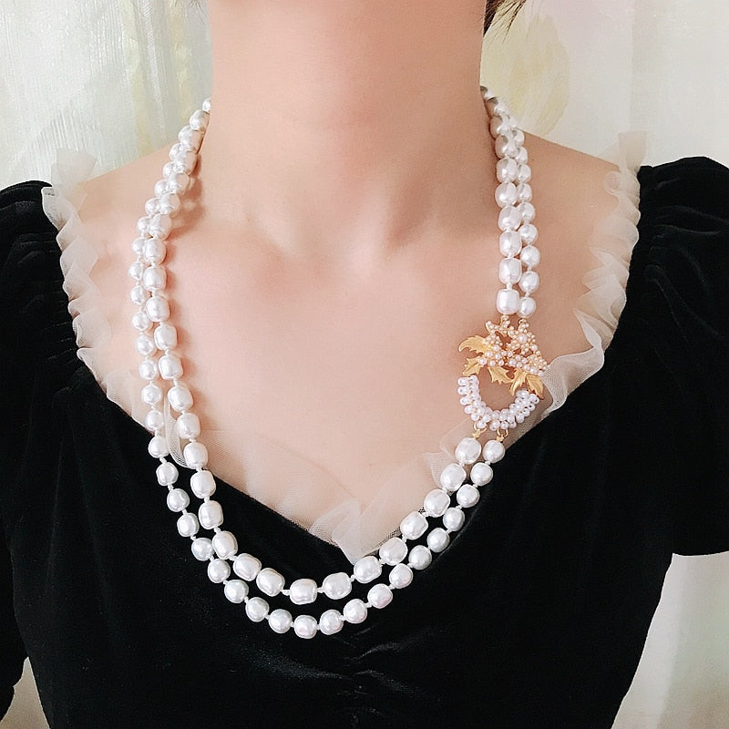 Handmade Gold-plating Double Strand Pearl Beaded Pendant Necklace