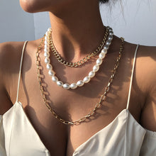 Load image into Gallery viewer, Multilayer Cuban Link Chain Pearl Beaded Choker Necklace
