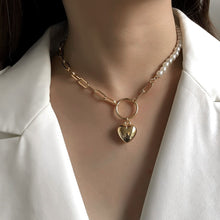 Load image into Gallery viewer, Half Chain Half Pearl Beaded Cuban Chain Heart Pendant Choker Necklace
