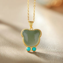 Load image into Gallery viewer, Silver Inlaid Natural Fine Jade Cute Bear Pendant Necklace Pendant Rings Women&#39;s Brand Jewelry Set
