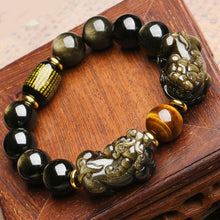 Load image into Gallery viewer, Natural Black / Golden Obsidian Double Handcrafed Piyao Brave Charm Bracelet
