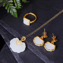 Load image into Gallery viewer, Natural Fine White Jade Ring Pendant Necklace Earrings Vintage Style Women&#39;s Jewelry Set
