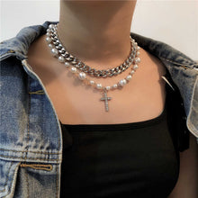 Load image into Gallery viewer, Multi Layer Cuban Link Chain Pearl Beaded Cross Pendant Choker Necklace
