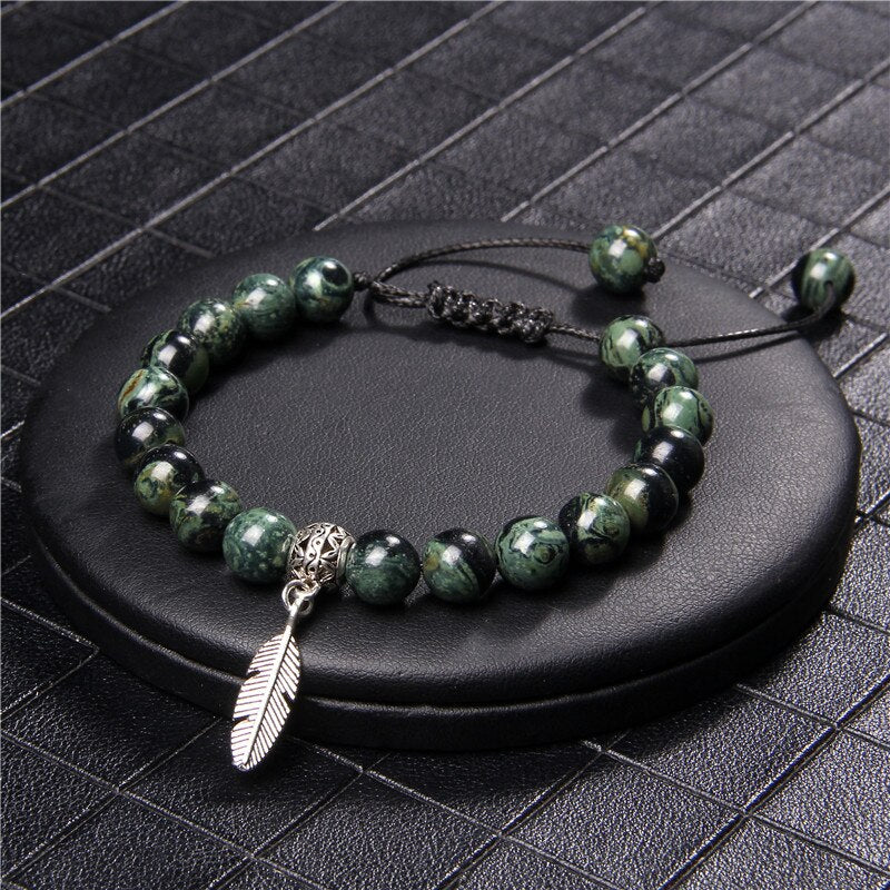 Lokaloca Natural Polar Jade Beaded Feather Charm Jewelry Bracelet