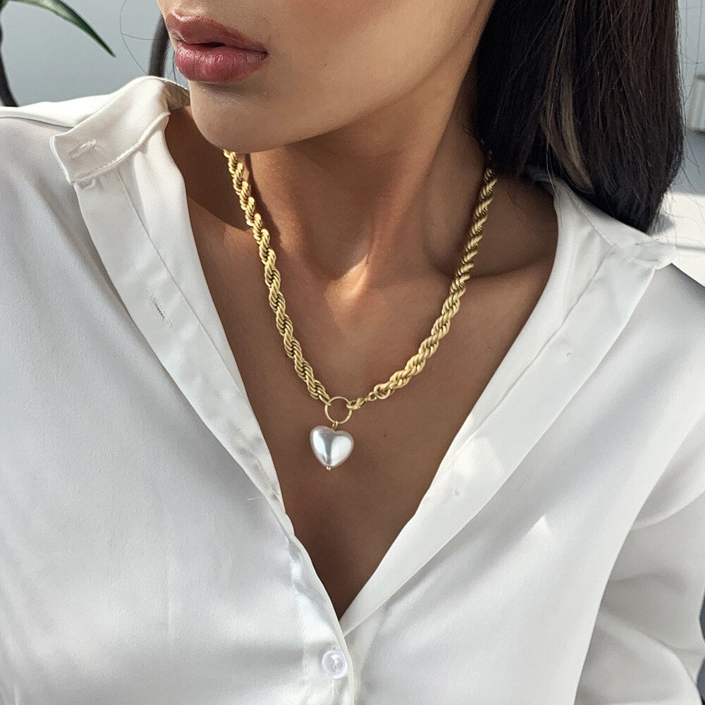 Bohemian Miami Thick Cuban Link Chain Heart Pearl Pendant Necklae