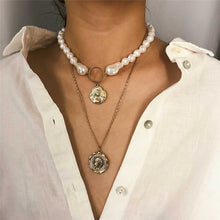 Load image into Gallery viewer, Byzantine Designer Multilayer Pearl Beaded Choker Coin Pendant Necklace
