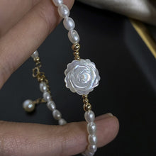 Load image into Gallery viewer, Natural Pearl Beaded Handcrafed Shell Rose Charm Bracelet
