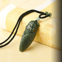 Load image into Gallery viewer, Lokaloca Handcrafted Natural Dark Green HeTian Jade Cicada 
Pendant Necklace
