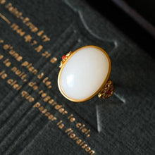 Load image into Gallery viewer, Independent Design Natural Fine White Jade Gilt Oval Opening Adjustable Ring Ladies Jewelry
