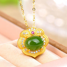 Load image into Gallery viewer, Ancient Golden Craft Inlaid Natural Fine Jade Oval Green Pendant Necklace Elegant Luxury Ladies Silver Jewelry
