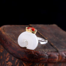 Load image into Gallery viewer, Lokaloca Silver Inlaid White Jade Red Agate Fortune Elephant Resizable  Ring
