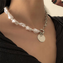 Load image into Gallery viewer, Rendezvous Half Chain Half Baroque Pearl Coin Pendant Choker Necklace
