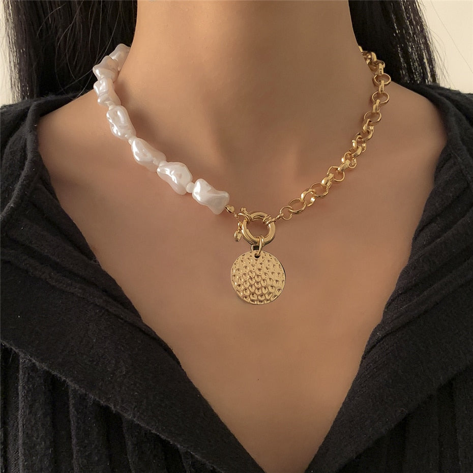 Rendezvous Half Chain Half Baroque Pearl Coin Pendant Choker Necklace