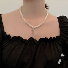 Load image into Gallery viewer, Minimalist Pearl Beaded Chain Cross Pendant Choker Necklace
