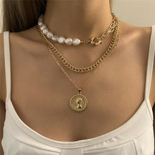 Load image into Gallery viewer, Deigner Gothic Multi Layer Cuban Link Pearl Beaded Chain Coin Queen Pendant Chain Necklace
