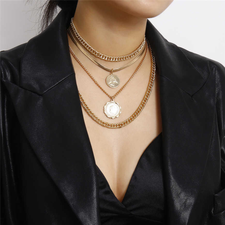 Multi Layer Punk Miami Cuban Coin Pendant Choker Necklace Vintage Chunky Chain Necklace