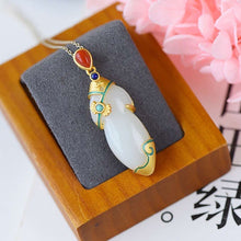 Load image into Gallery viewer, Silver National Style Inlaid with Natural White Jade Water Drop Earrings Necklace Antique Luxury Women&#39;s Jewelry Set
