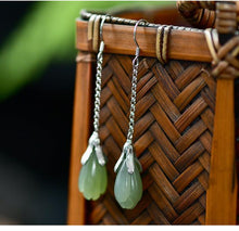 Load image into Gallery viewer, Lokaloca Silver Inlaid Fine Jade Long Earrings
