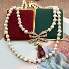 Load image into Gallery viewer, Handmade Double Strands Natural Pearl Beaded Bow Knot Pendant Necklace
