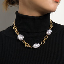 Load image into Gallery viewer, Handmade Minimalist Cuban Link Chain Baroque Pearl Charm Choker Necklace
