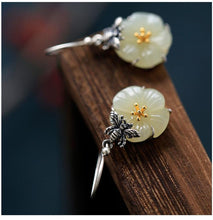 Load image into Gallery viewer, Silver Natural Fine White Jade Bee Flower Earrings Charming Elegant Cute Design Women&#39;s Brand Jewelry
