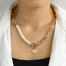 Load image into Gallery viewer, Sweetheart Half Cuban Link Half Pearl Heart Pendant Choker Choker Necklace
