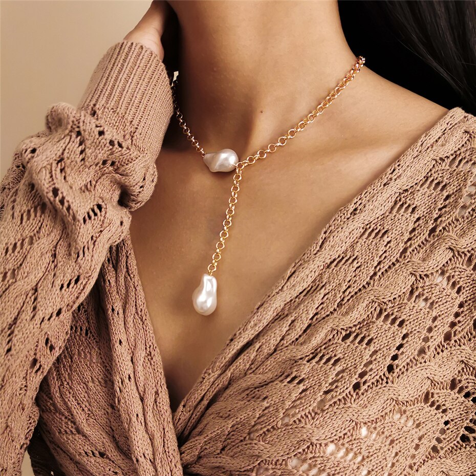 Minimalist Link Chain Tassel Baroque Pearl Pendant Choker Necklace