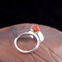 Load image into Gallery viewer, Lokaloca Silver Inlaid White Jade Red Agate Fortune Elephant Resizable  Ring
