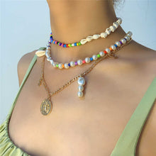 Load image into Gallery viewer, Boho Multilayer Pearl Beaded Coin Pendant Choker Necklace
