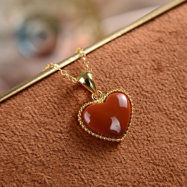 Original Craft Natural Souther Red Agate Heart Shape Pendant Necklace Fresh Romantic Lovely Women Charm Brand Jewelry