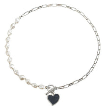 Load image into Gallery viewer, Half Chain Half Pearl Cuban Link Enamel Heart Pendant Necklace
