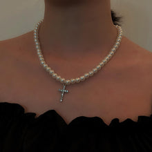 Load image into Gallery viewer, Minimalist Pearl Beaded Chain Cross Pendant Choker Necklace
