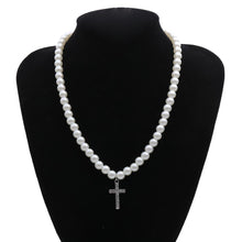 Load image into Gallery viewer, Minimalist Pearl Beaded Chain Cross Pendant Choker Necklace
