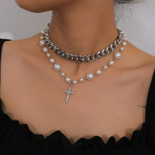 Load image into Gallery viewer, Multi Layer Cuban Link Chain Pearl Beaded Cross Pendant Choker Necklace
