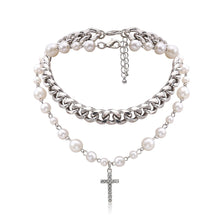 Load image into Gallery viewer, Multi Layer Cuban Link Chain Pearl Beaded Cross Pendant Choker Necklace
