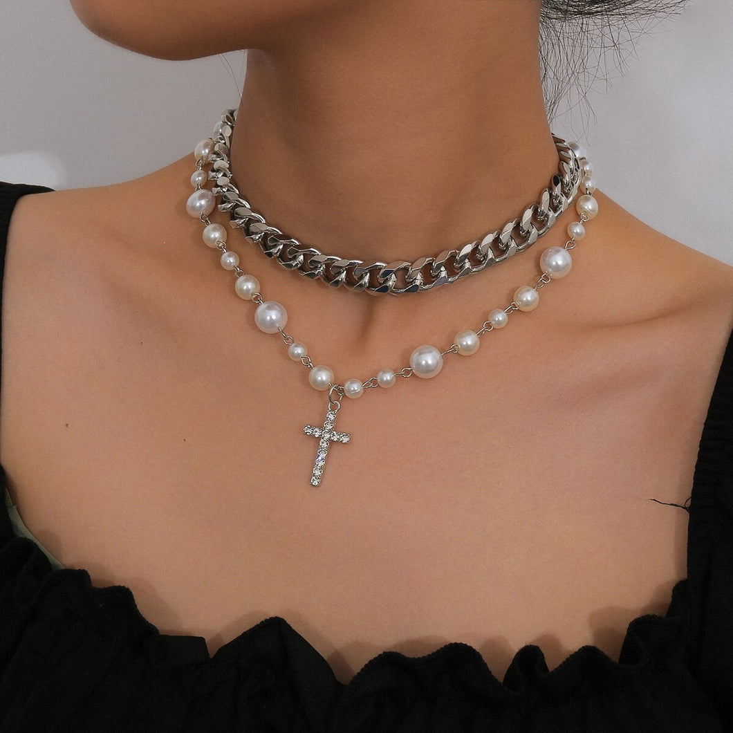 Multi Layer Cuban Link Chain Pearl Beaded Cross Pendant Choker Necklace