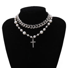 Load image into Gallery viewer, Multi Layer Cuban Link Chain Pearl Beaded Cross Pendant Choker Necklace
