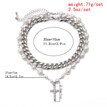 Load image into Gallery viewer, Multi Layer Cuban Link Chain Pearl Beaded Cross Pendant Choker Necklace
