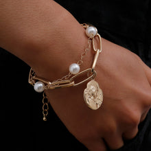 Load image into Gallery viewer, Getting Closer Coin Charm Cuban Link Imitation Pearl Chunky Chain Bracelet
