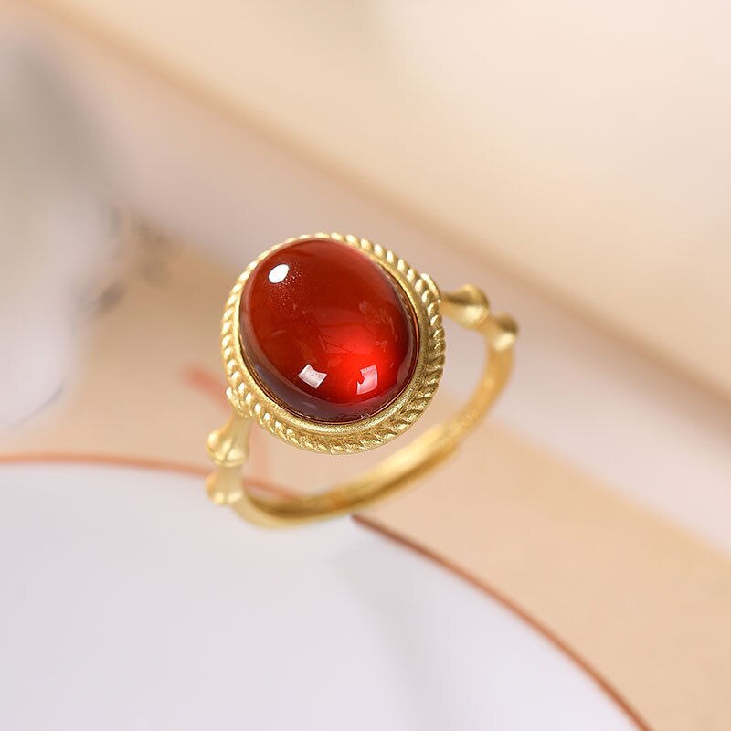 Independent Design Vintage Natural Garnet Retro Opening Ring Elegant Ladies Silver Jewelry